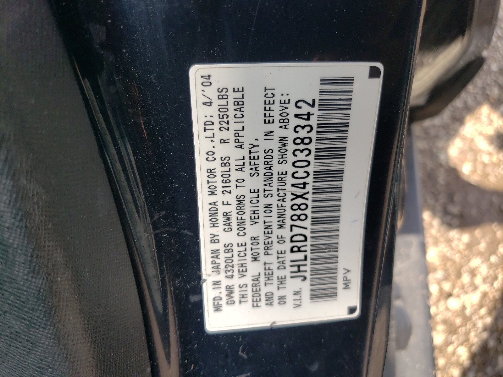 JHLRD788X4C038342 2004 Honda Cr-V Ex