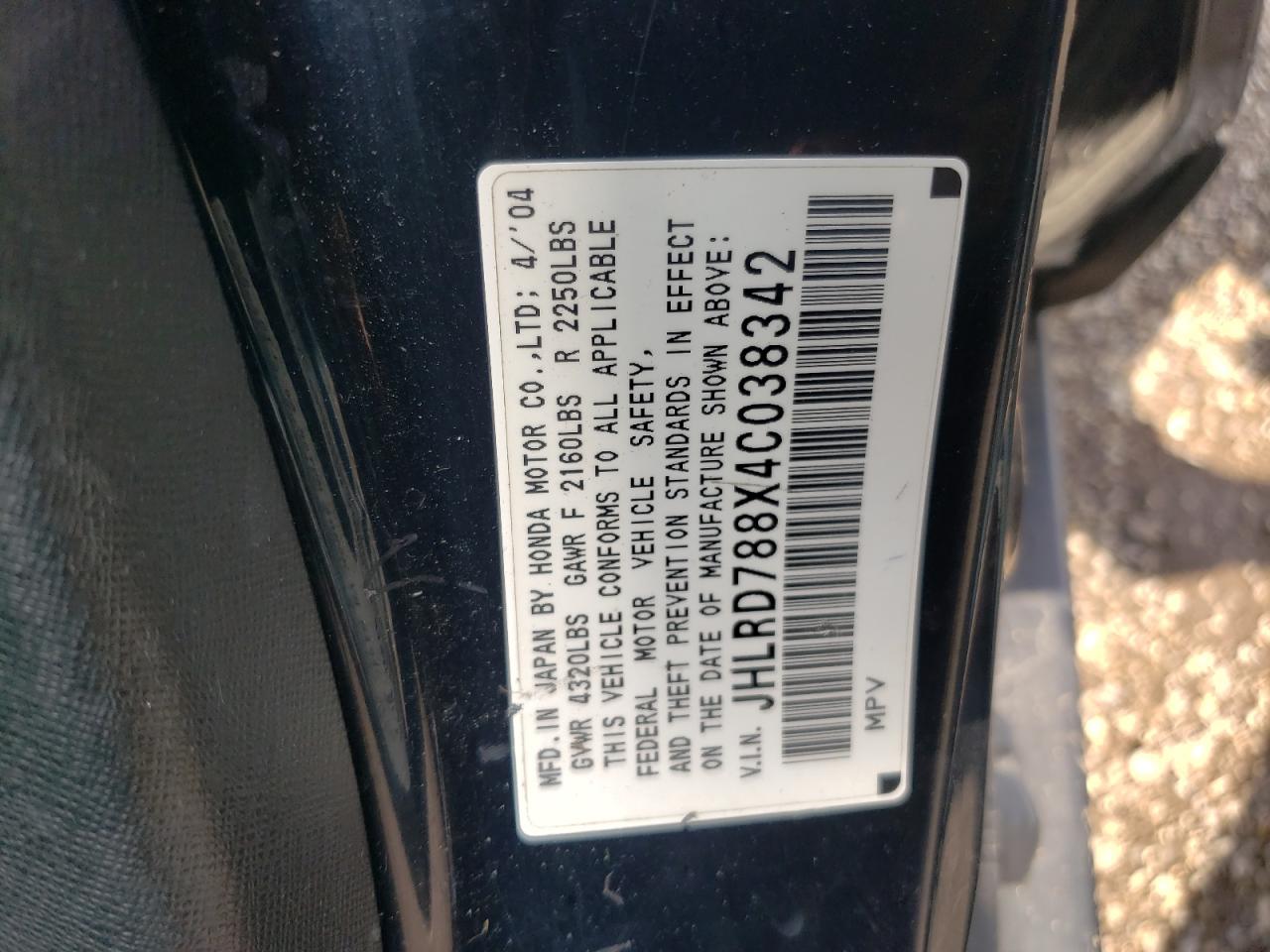 2004 Honda Cr-V Ex VIN: JHLRD788X4C038342 Lot: 61887974