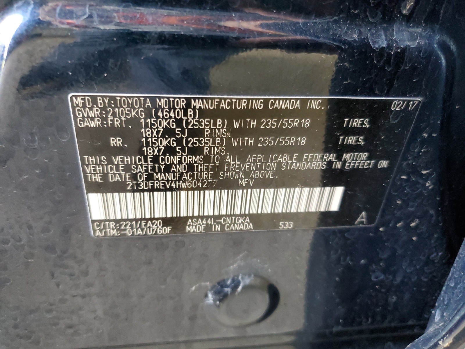 2T3DFREV4HW604277 2017 Toyota Rav4 Limited