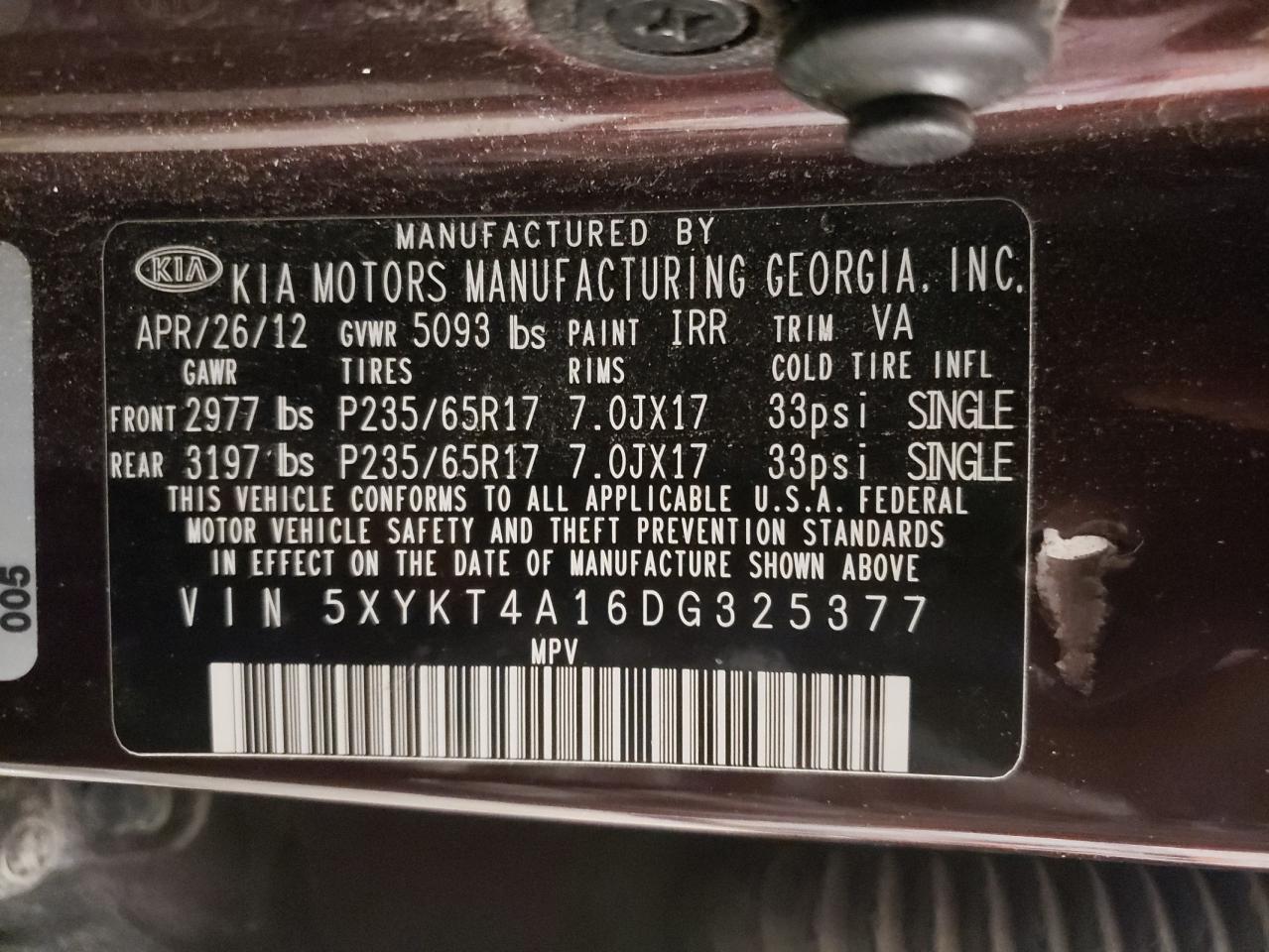 2013 Kia Sorento Lx VIN: 5XYKT4A16DG325377 Lot: 64198414