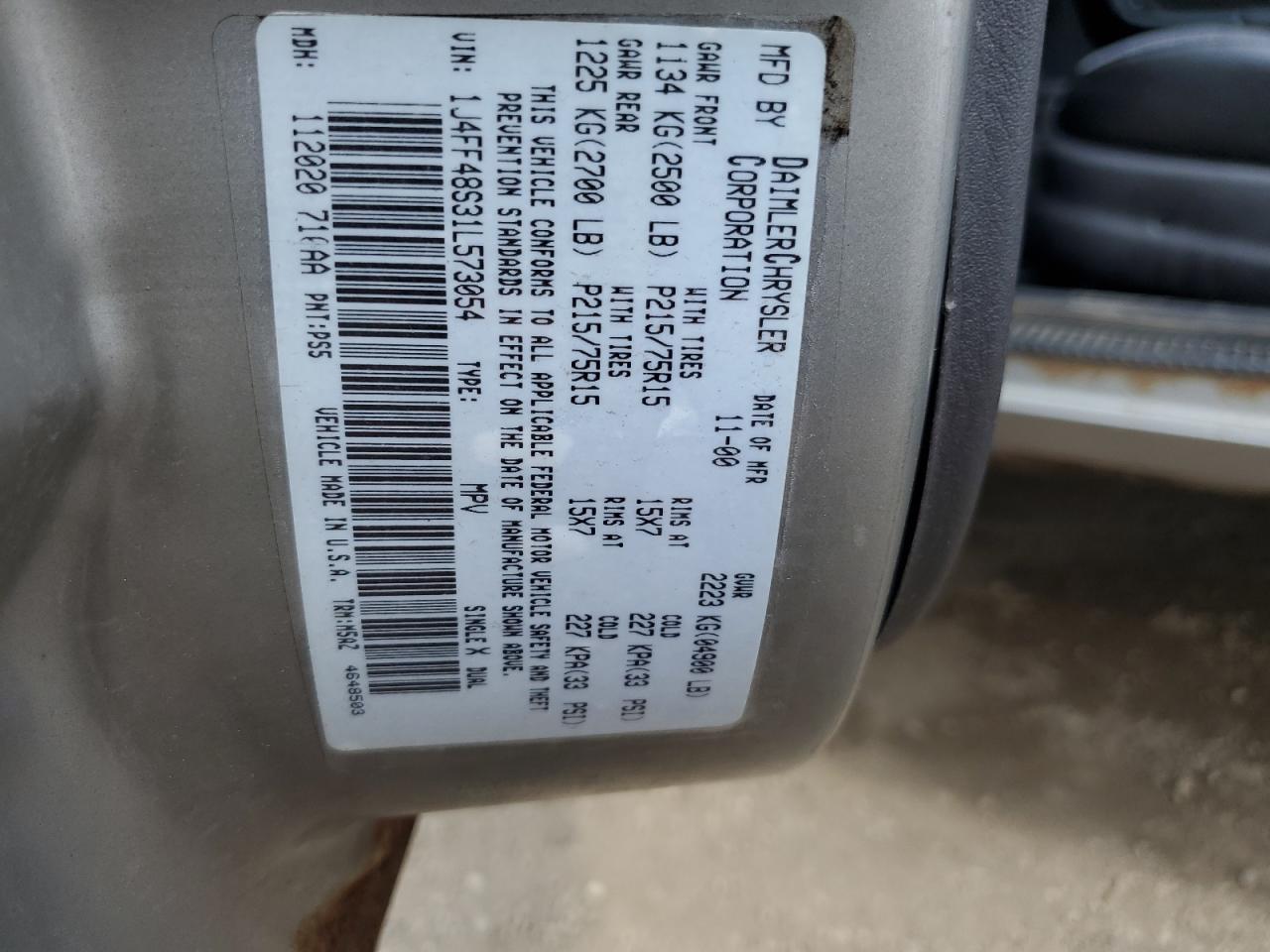 2001 Jeep Cherokee Sport VIN: 1J4FF48S31L573054 Lot: 62345104