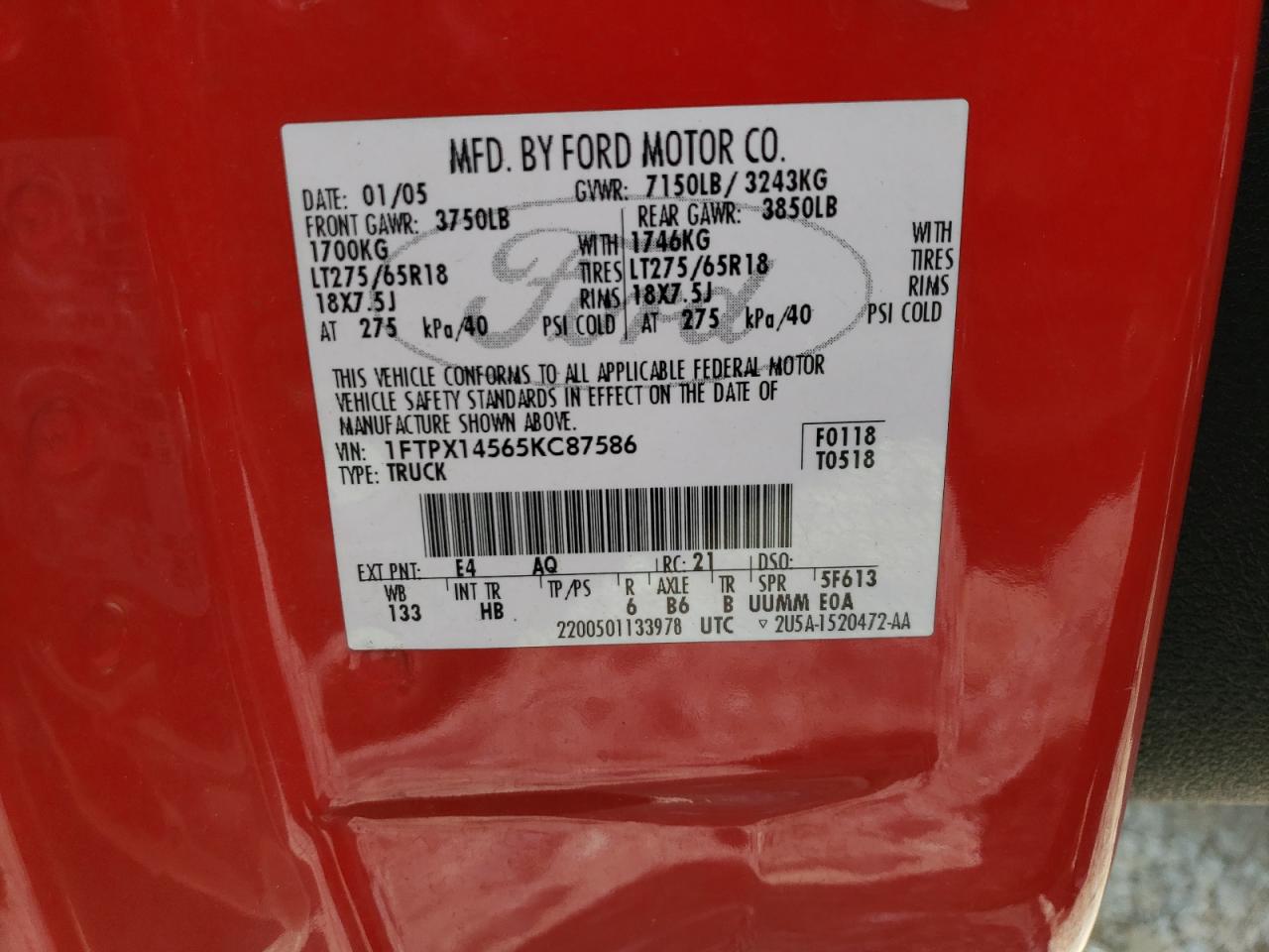 2005 Ford F150 VIN: 1FTPX14565KC87586 Lot: 62611184