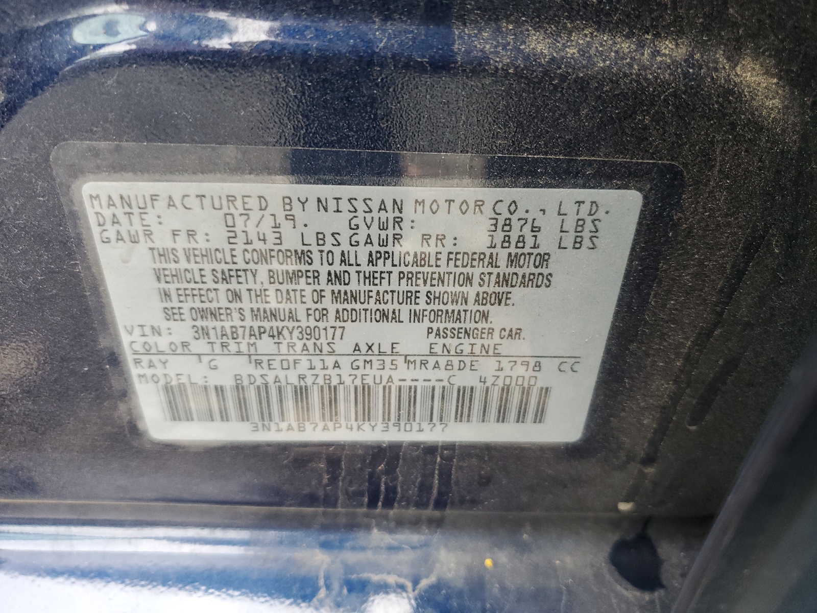 3N1AB7AP4KY390177 2019 Nissan Sentra S