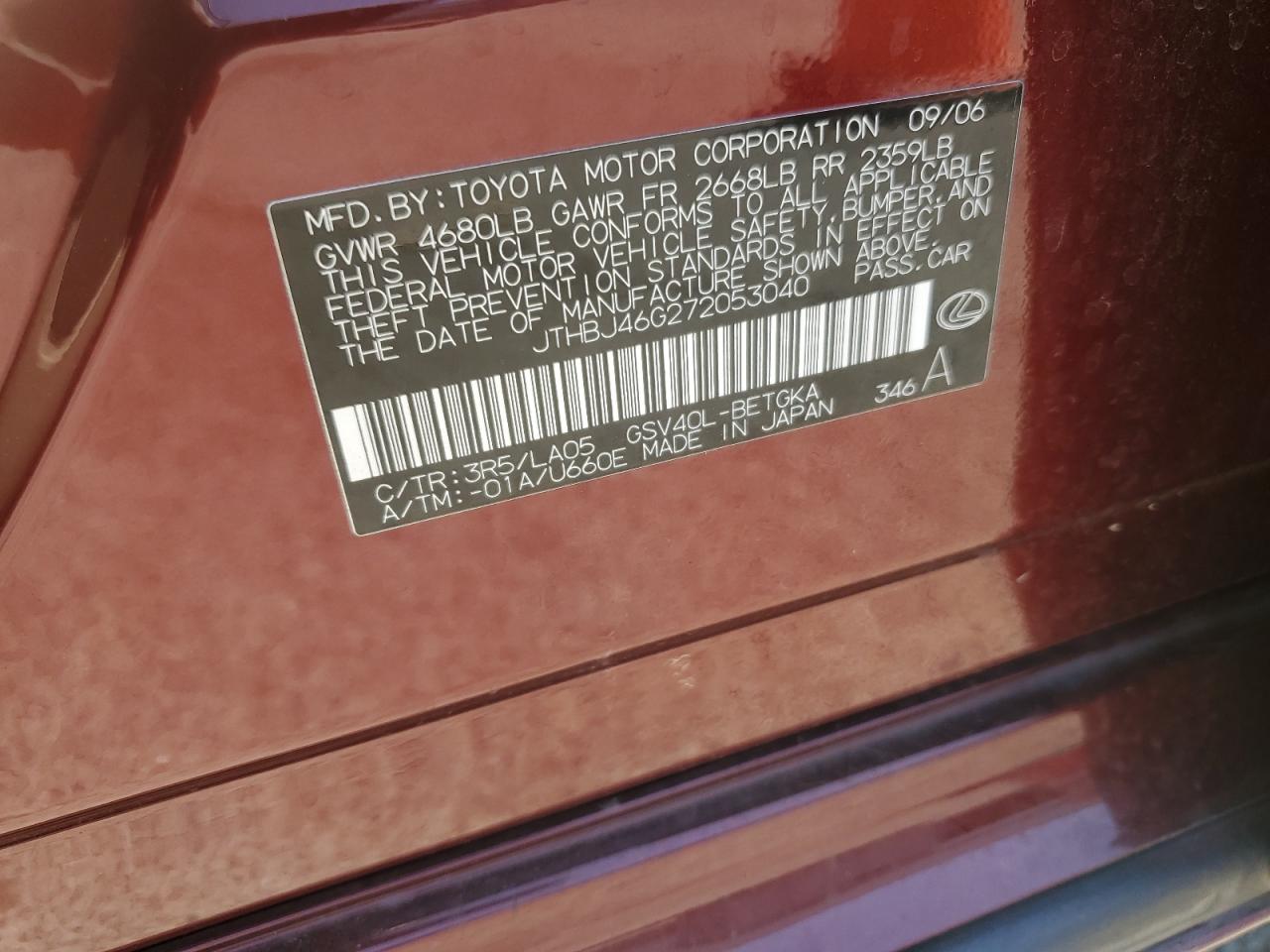 2007 Lexus Es 350 VIN: JTHBJ46G272053040 Lot: 63270404