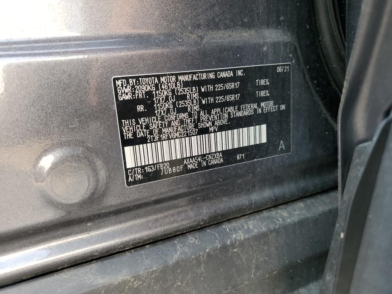 2021 Toyota Rav4 Le VIN: 2T3F1RFV6MC221507 Lot: 64445084