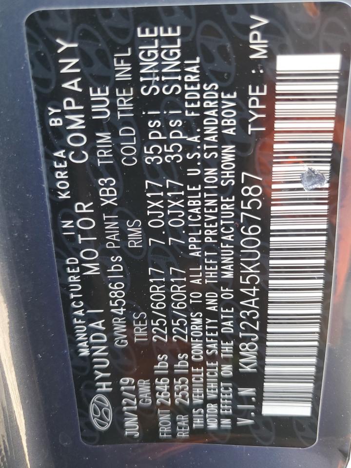 2019 Hyundai Tucson Se VIN: KM8J23A45KU067587 Lot: 64665364