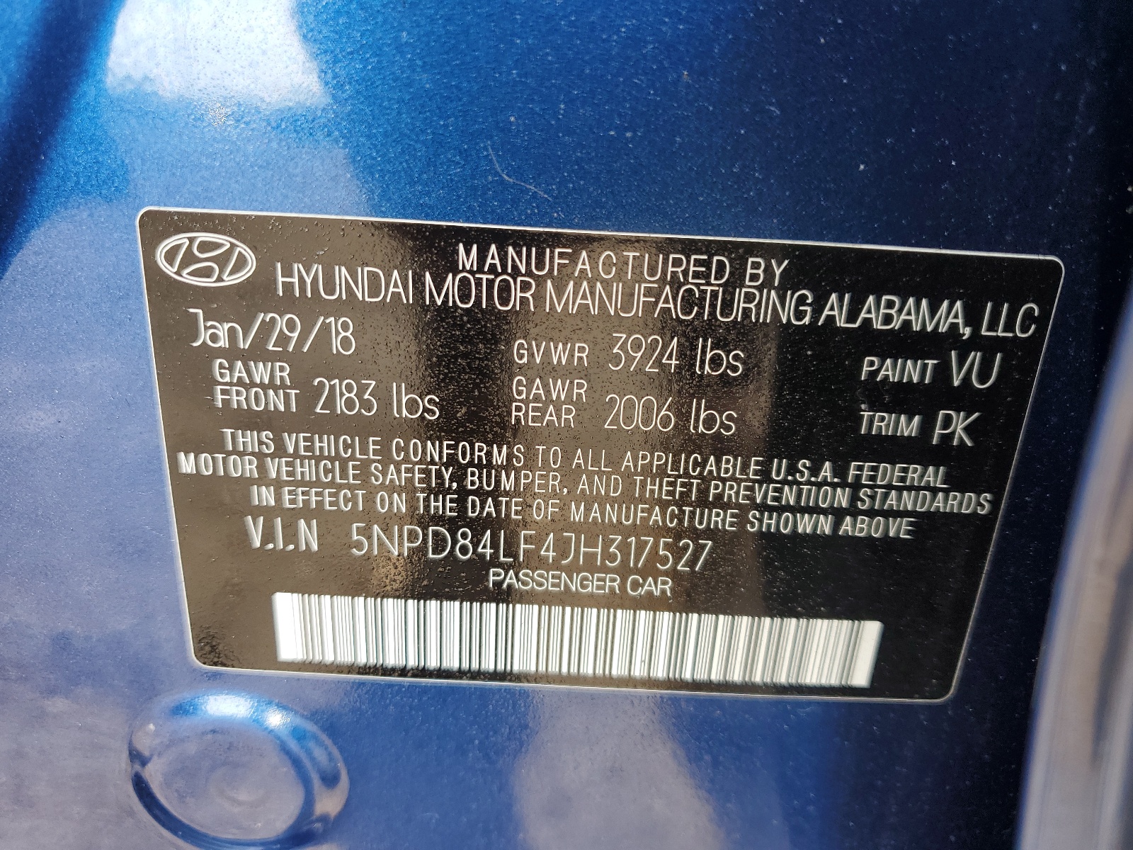 2018 Hyundai Elantra Sel vin: 5NPD84LF4JH317527