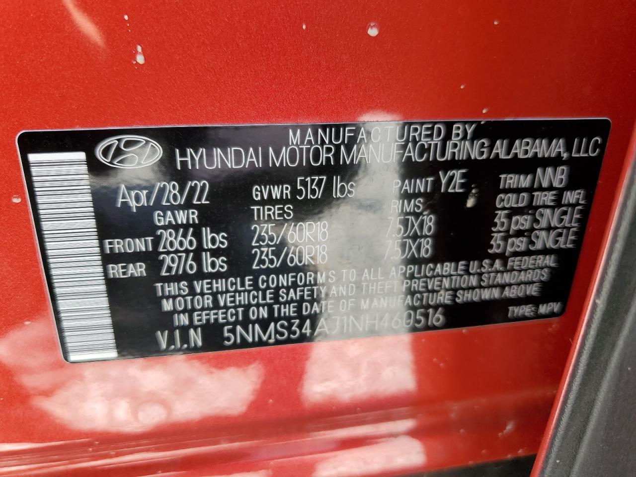 2022 Hyundai Santa Fe Sel VIN: 5NMS34AJ1NH460516 Lot: 63496154