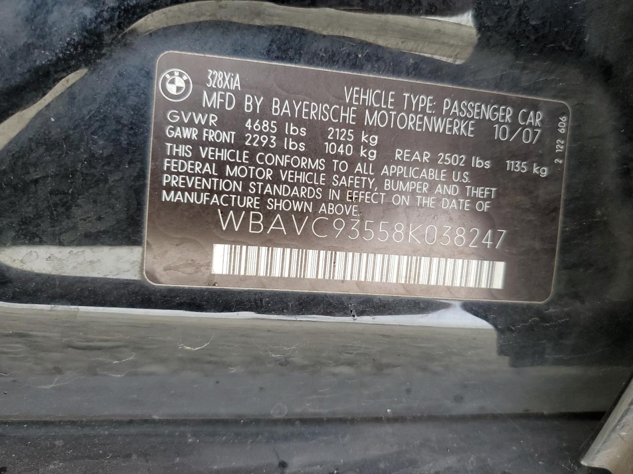 2008 BMW 328 Xi VIN: WBAVC93558K038247 Lot: 61860684