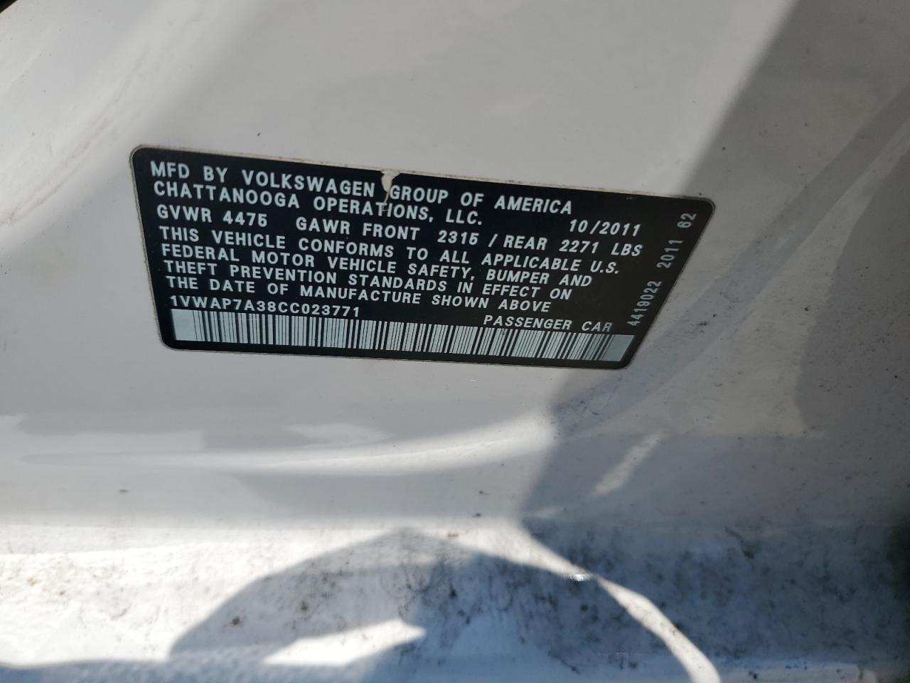 1VWAP7A38CC023771 2012 Volkswagen Passat S