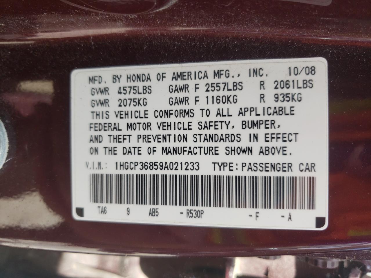 1HGCP36859A021233 2009 Honda Accord Exl