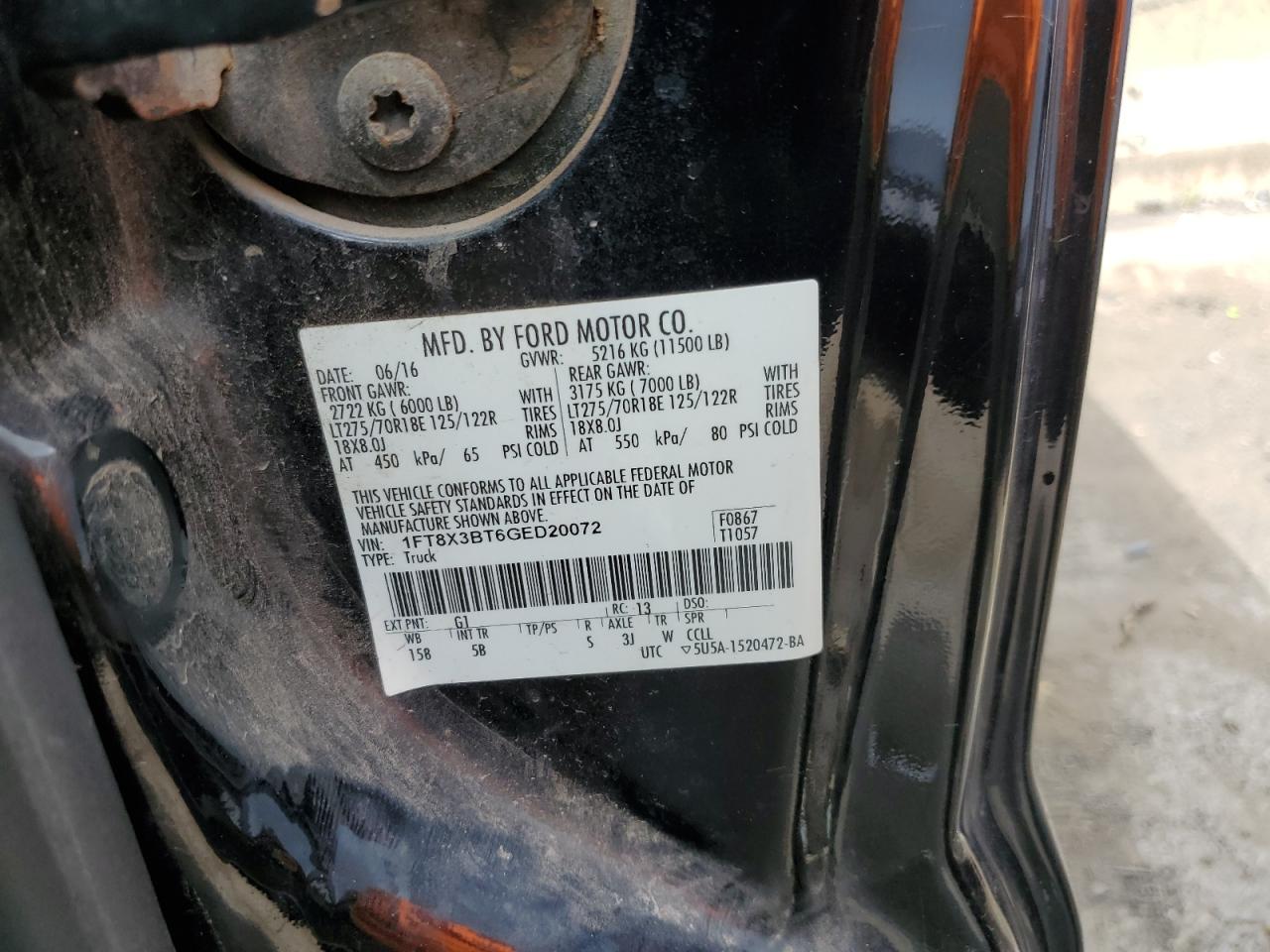 2016 Ford F350 Super Duty VIN: 1FT8X3BT6GED20072 Lot: 62815554