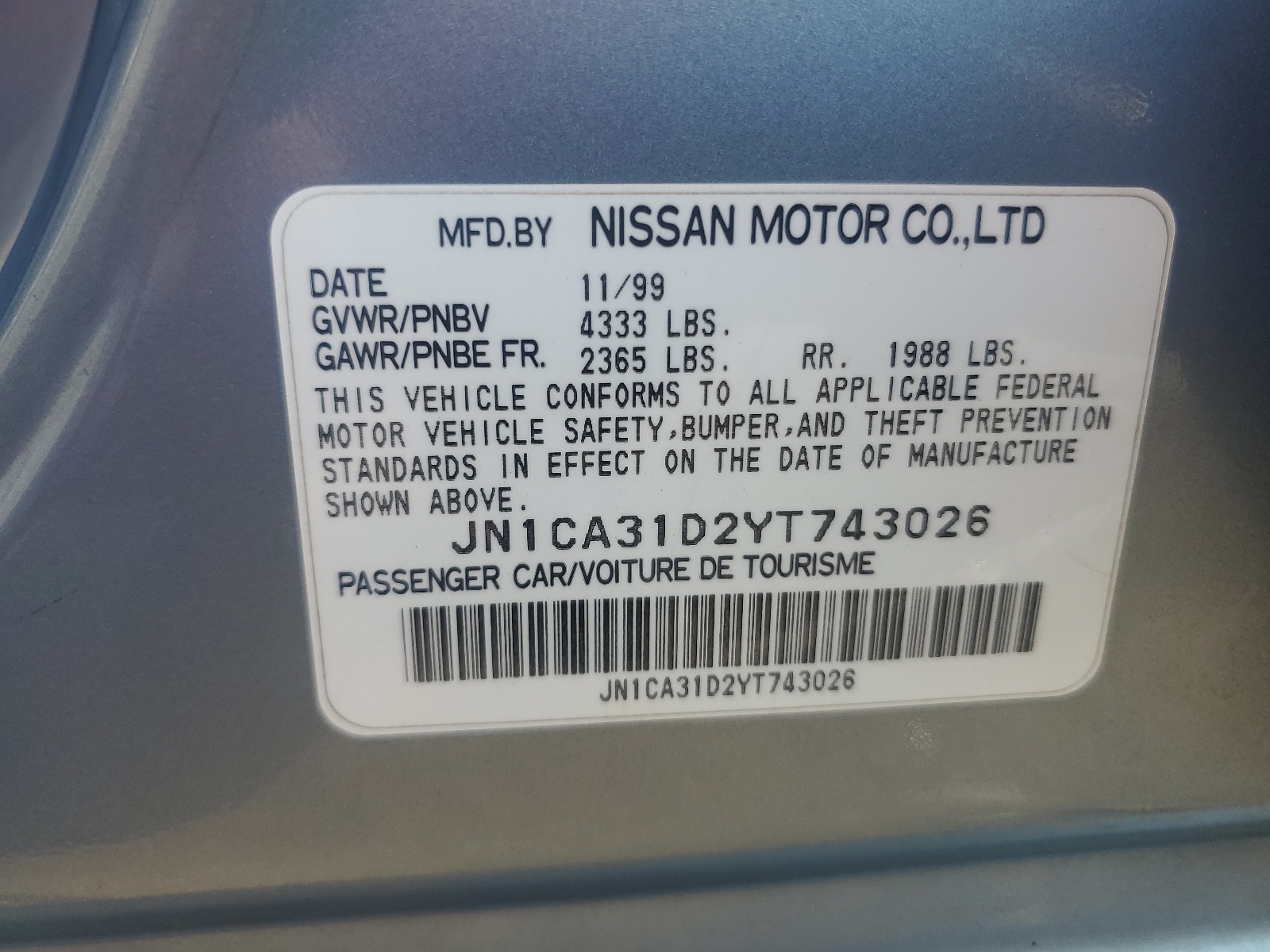 JN1CA31D2YT743026 2000 Nissan Maxima Gle