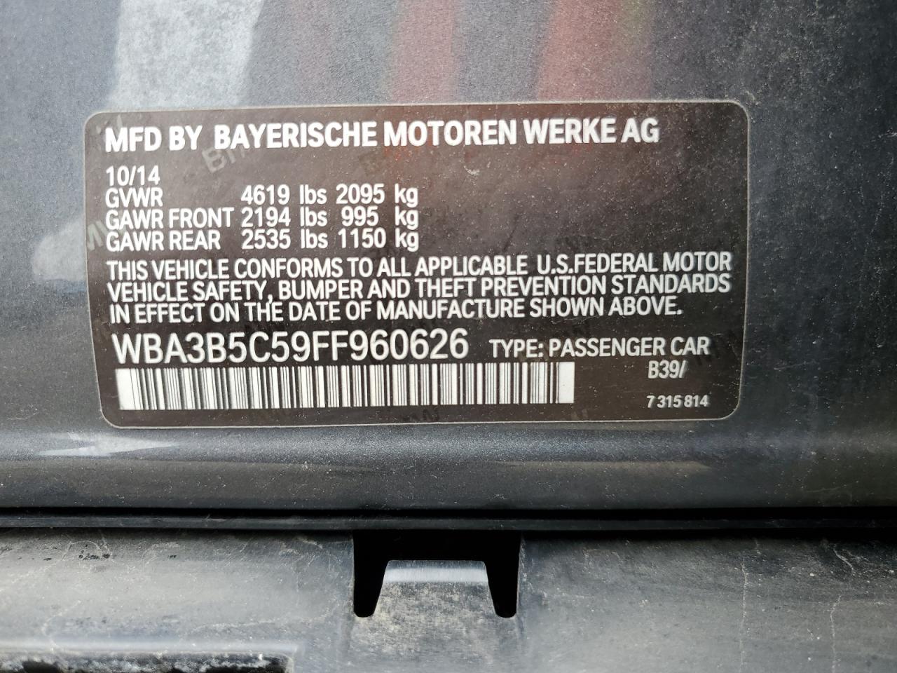 2015 BMW 328 Xi Sulev VIN: WBA3B5C59FF960626 Lot: 64091394
