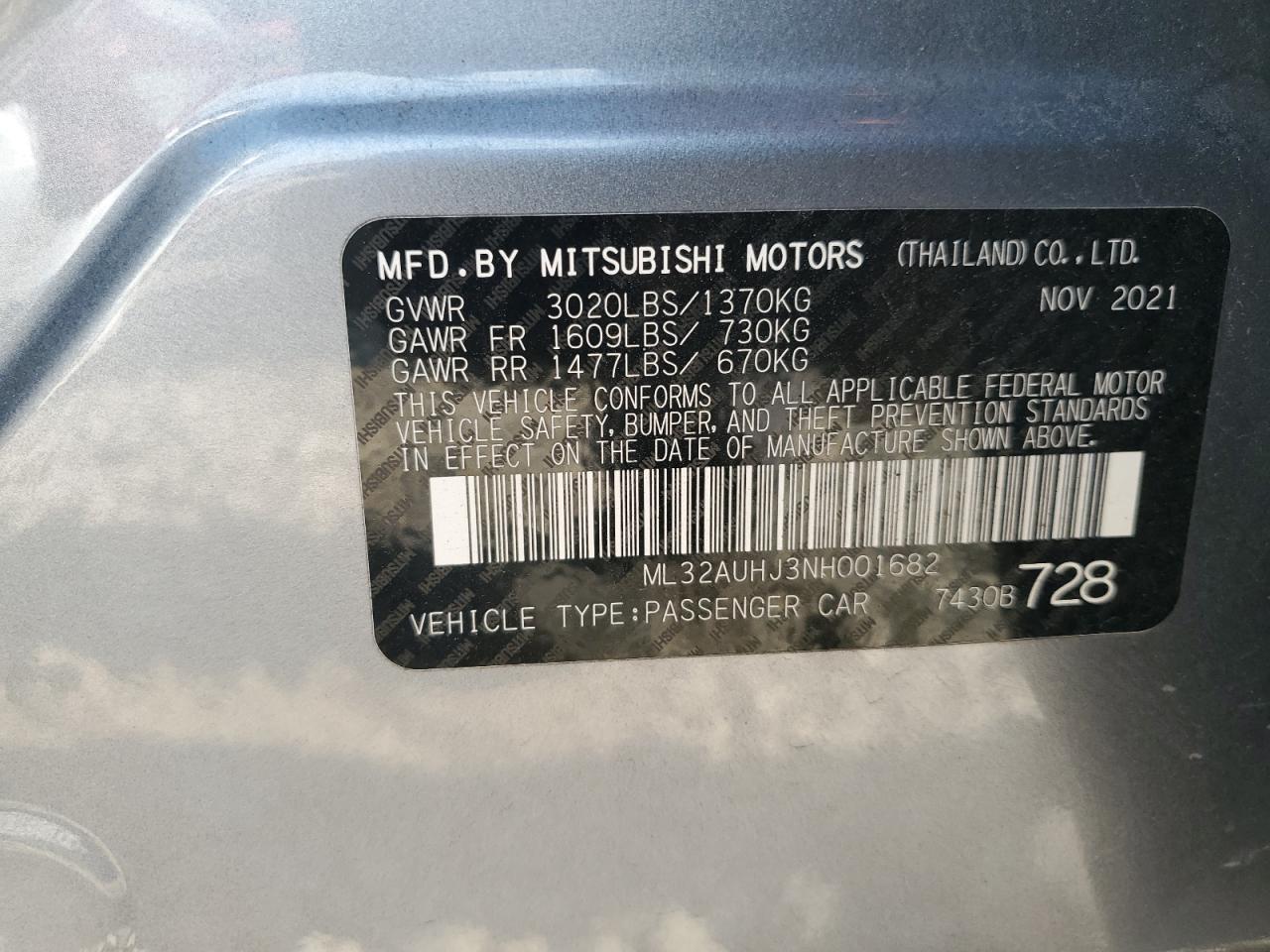 2022 Mitsubishi Mirage Es VIN: ML32AUHJ3NH001682 Lot: 64109604