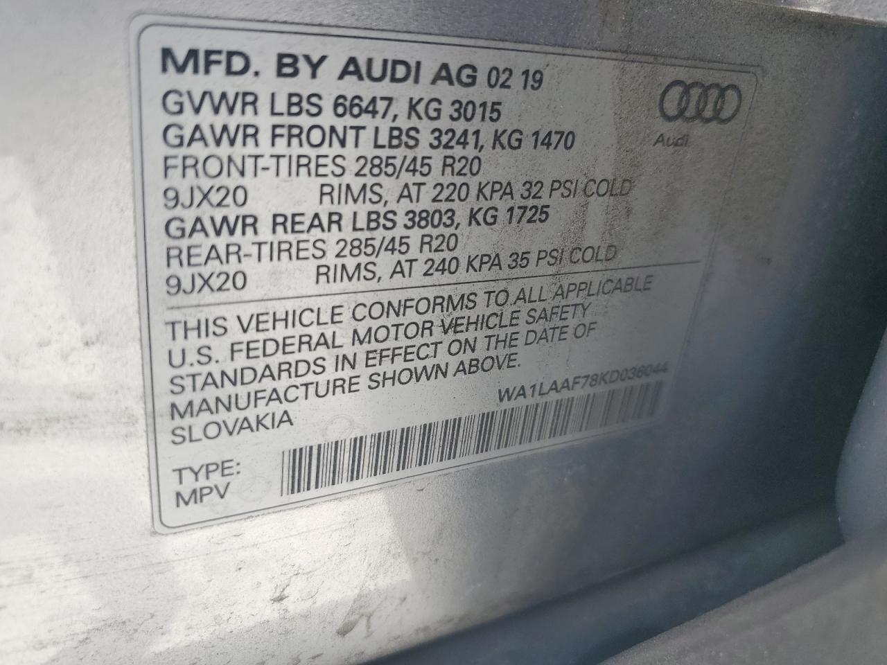 WA1LAAF78KD036044 2019 Audi Q7 Premium Plus