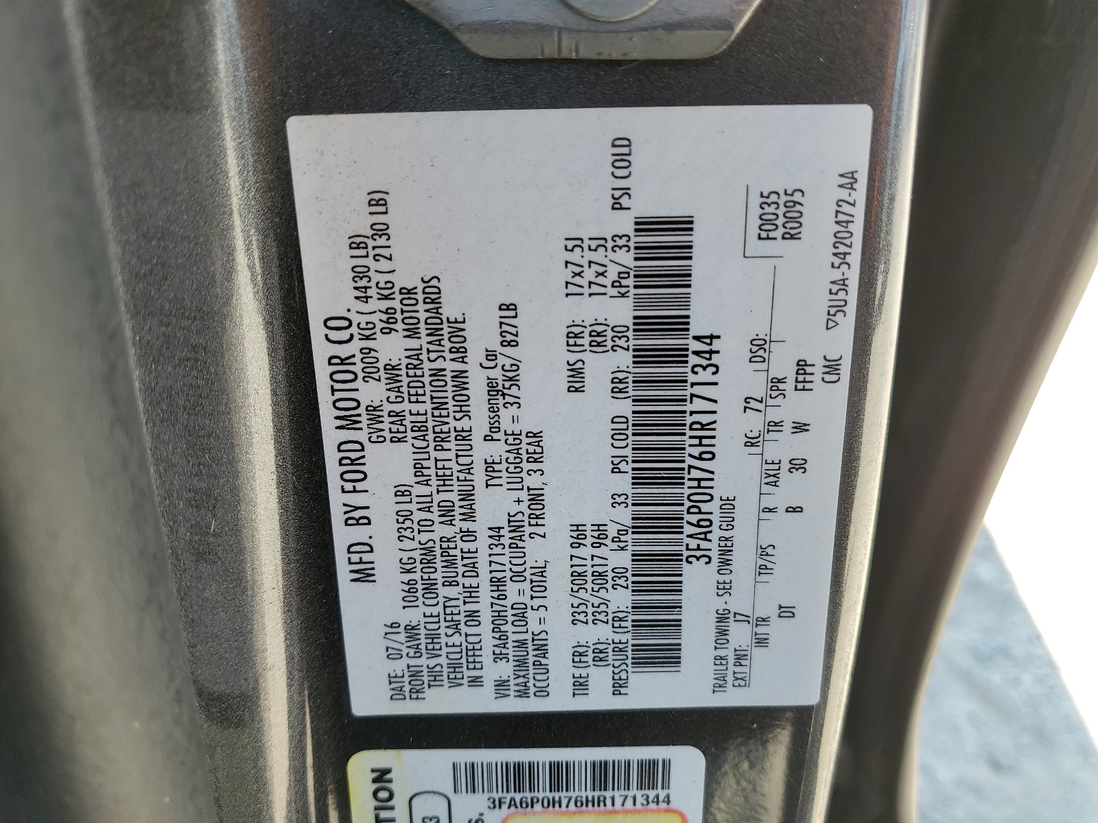 3FA6P0H76HR171344 2017 Ford Fusion Se