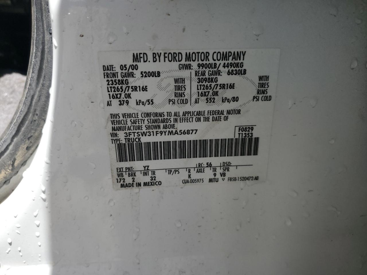 3FTSW31F9YMA56877 2000 Ford F350 Srw Super Duty