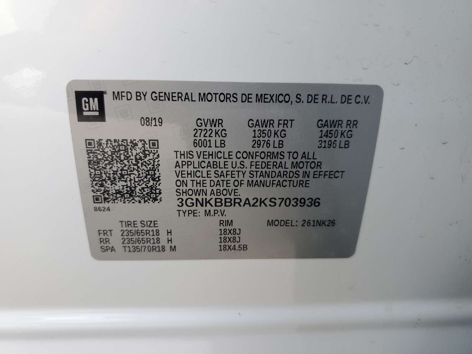 3GNKBBRA2KS703936 2019 Chevrolet Blazer 1Lt