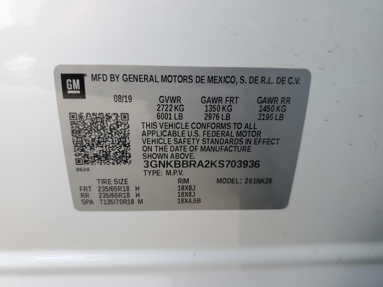 2019 Chevrolet Blazer 1Lt VIN: 3GNKBBRA2KS703936 Lot: 65216584