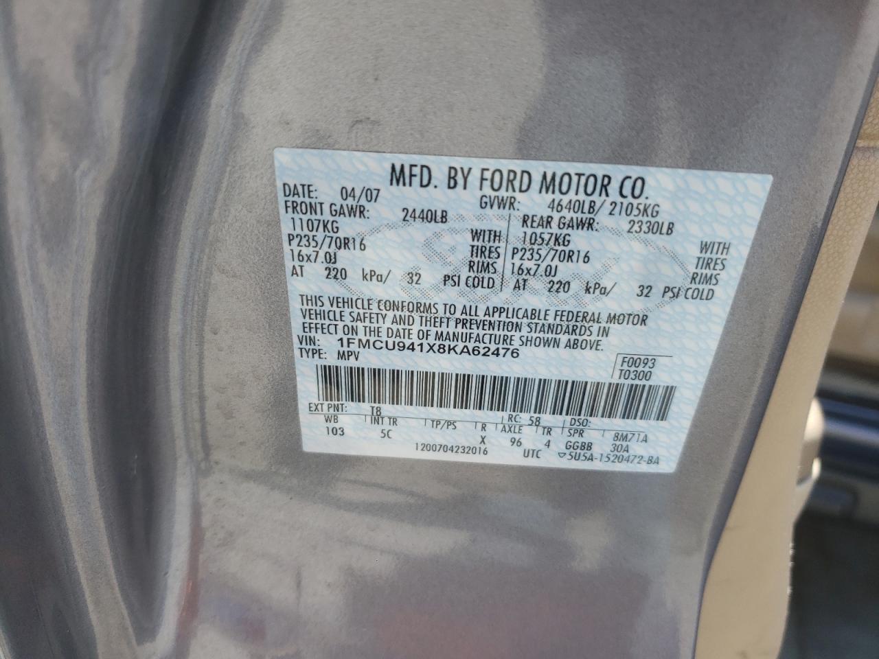 2008 Ford Escape Limited VIN: 1FMCU941X8KA62476 Lot: 64187314