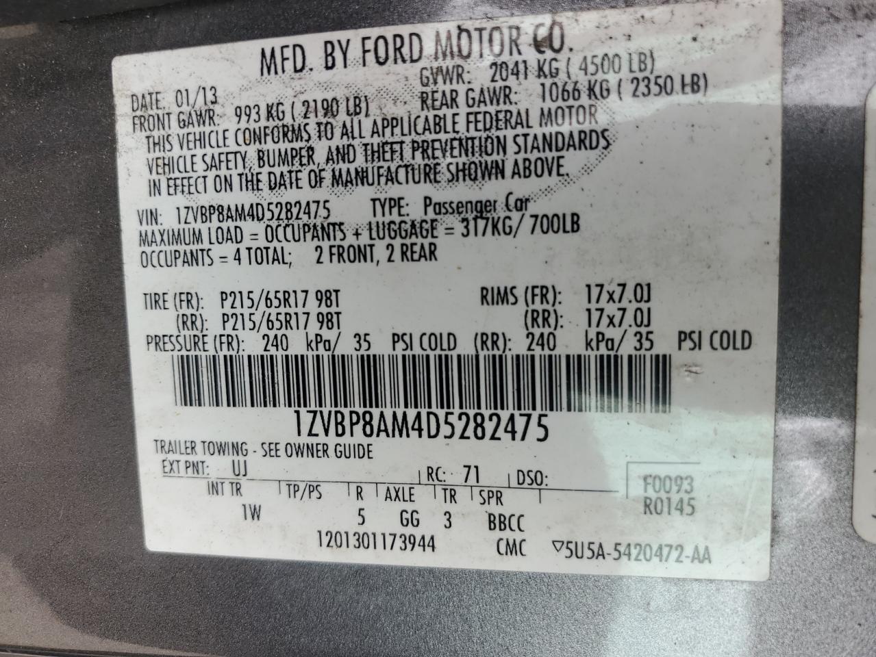 2013 Ford Mustang VIN: 1ZVBP8AM4D5282475 Lot: 64157104