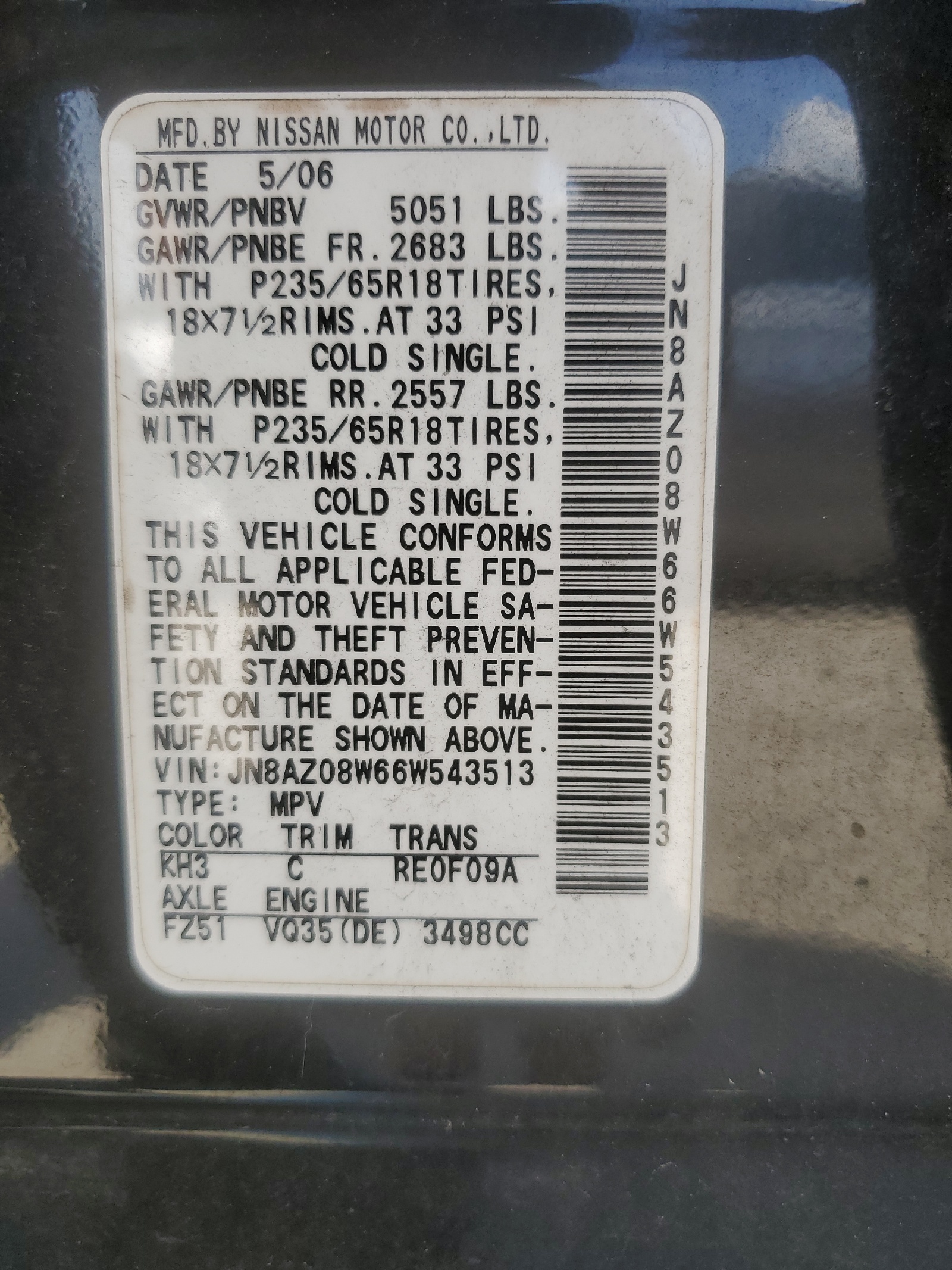 JN8AZ08W66W543513 2006 Nissan Murano Sl