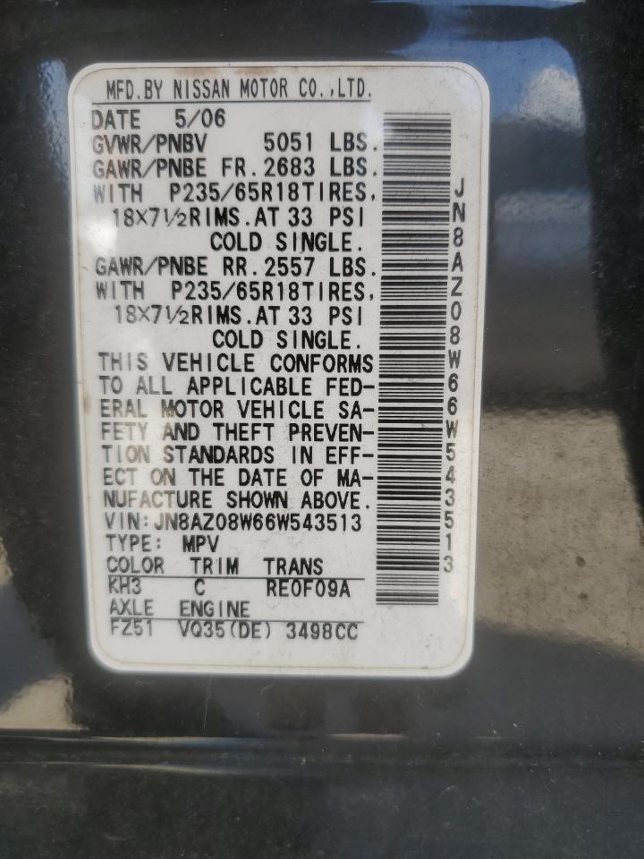 2006 Nissan Murano Sl VIN: JN8AZ08W66W543513 Lot: 62276064