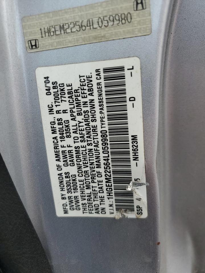 2004 Honda Civic Lx VIN: 1HGEM22564L059980 Lot: 64311854