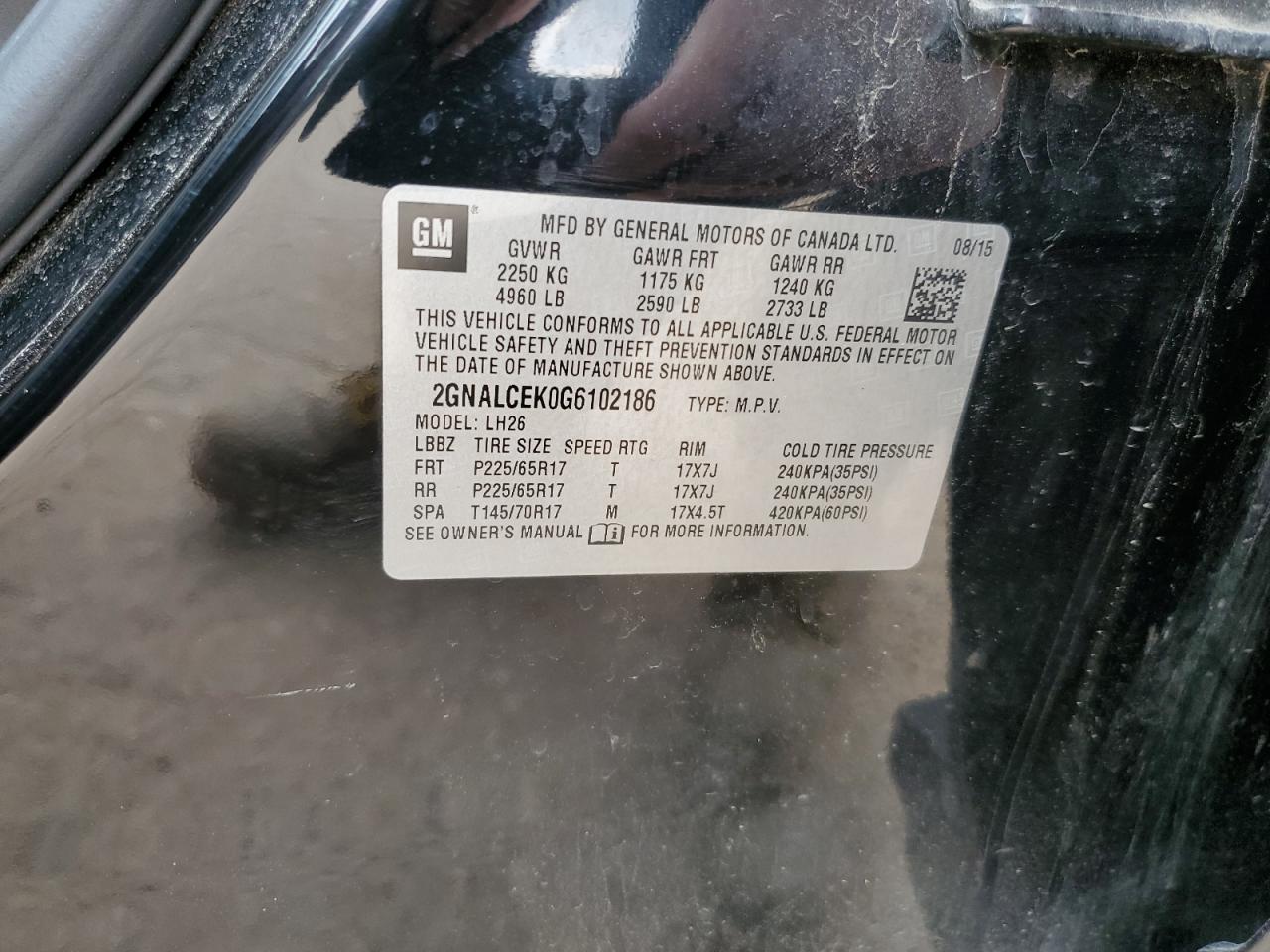 2016 Chevrolet Equinox Lt VIN: 2GNALCEK0G6102186 Lot: 64028014