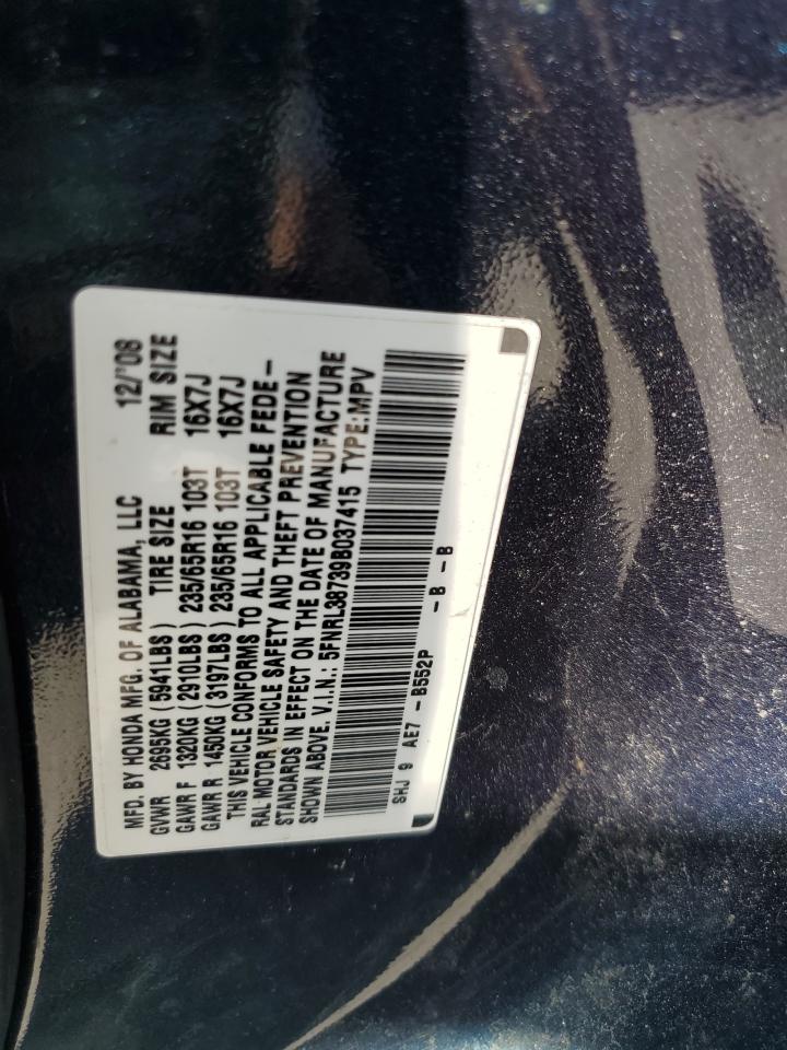 2009 Honda Odyssey Exl VIN: 5FNRL38739B037415 Lot: 63003624