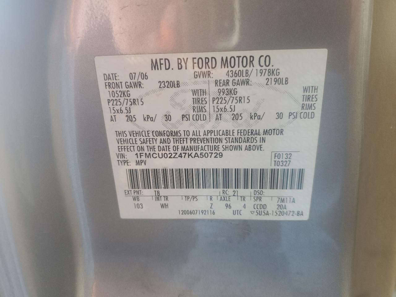 1FMCU02Z47KA50729 2007 Ford Escape Xls