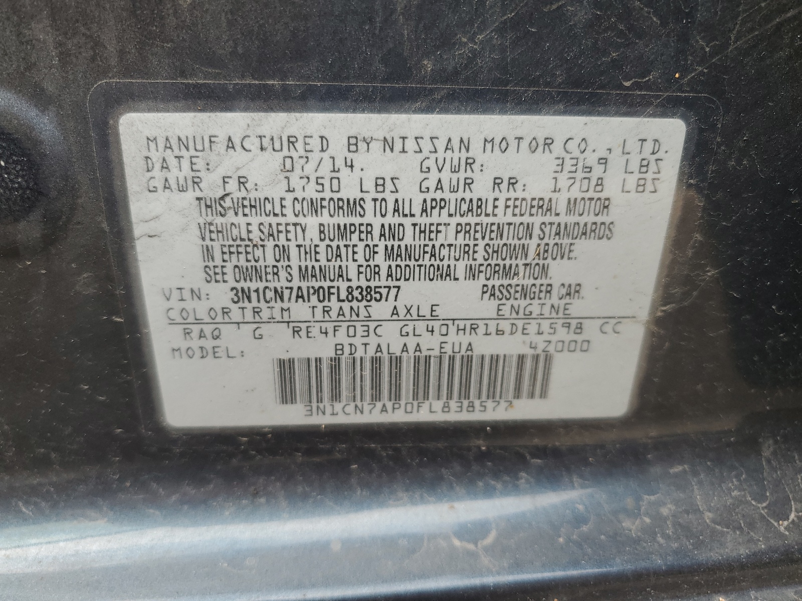 3N1CN7AP0FL838577 2015 Nissan Versa S