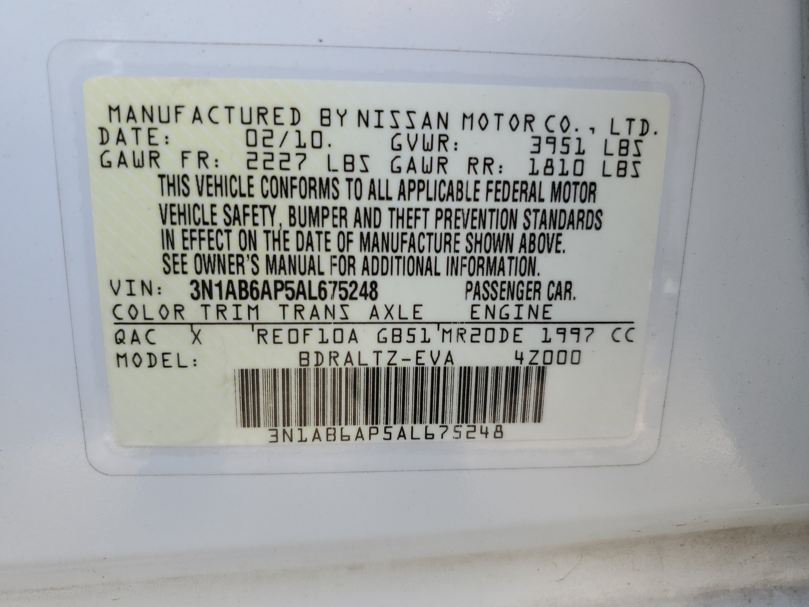 3N1AB6AP5AL675248 2010 Nissan Sentra 2.0