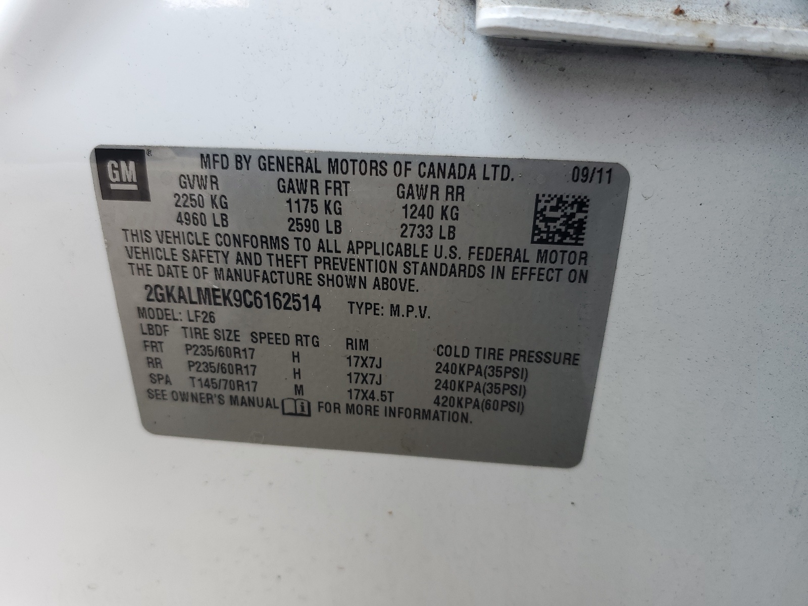 2GKALMEK9C6162514 2012 GMC Terrain Sle