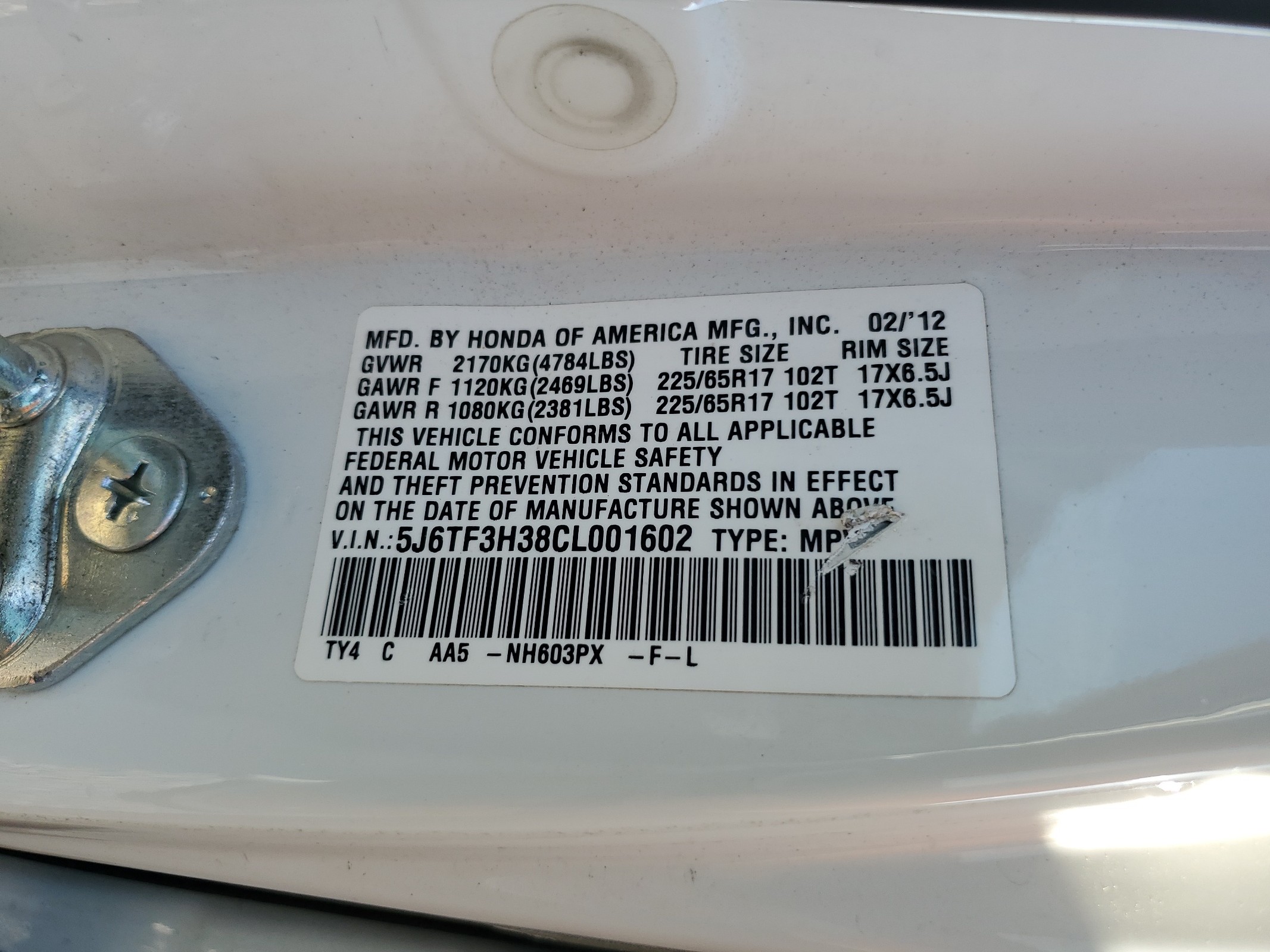 5J6TF3H38CL001602 2012 Honda Crosstour Ex