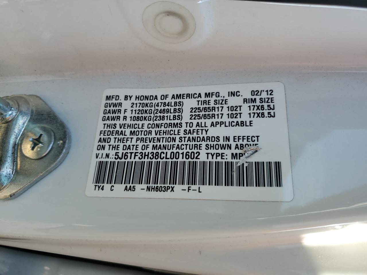 2012 Honda Crosstour Ex VIN: 5J6TF3H38CL001602 Lot: 63311954