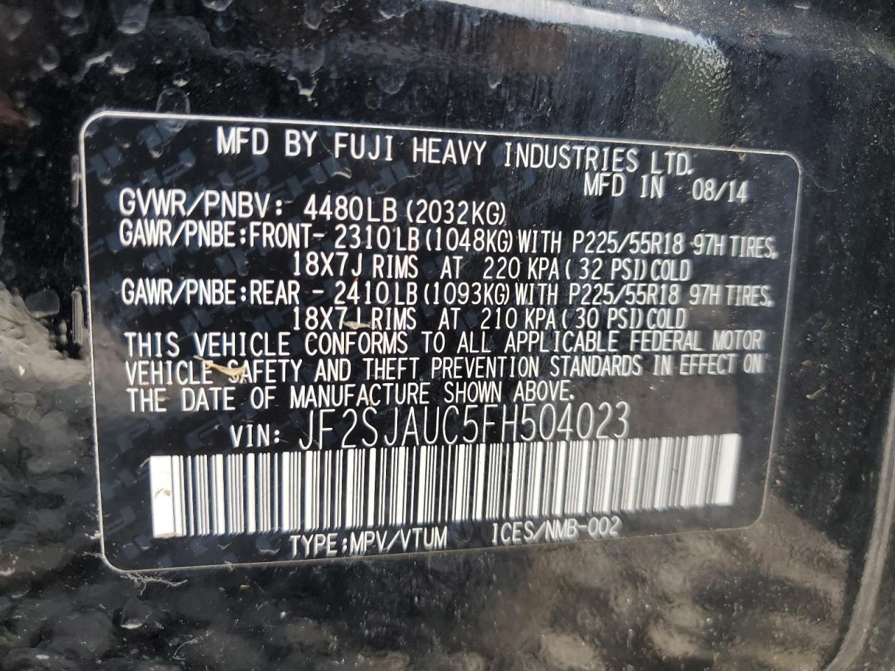 2015 Subaru Forester 2.5I Touring VIN: JF2SJAUC5FH504023 Lot: 63271644