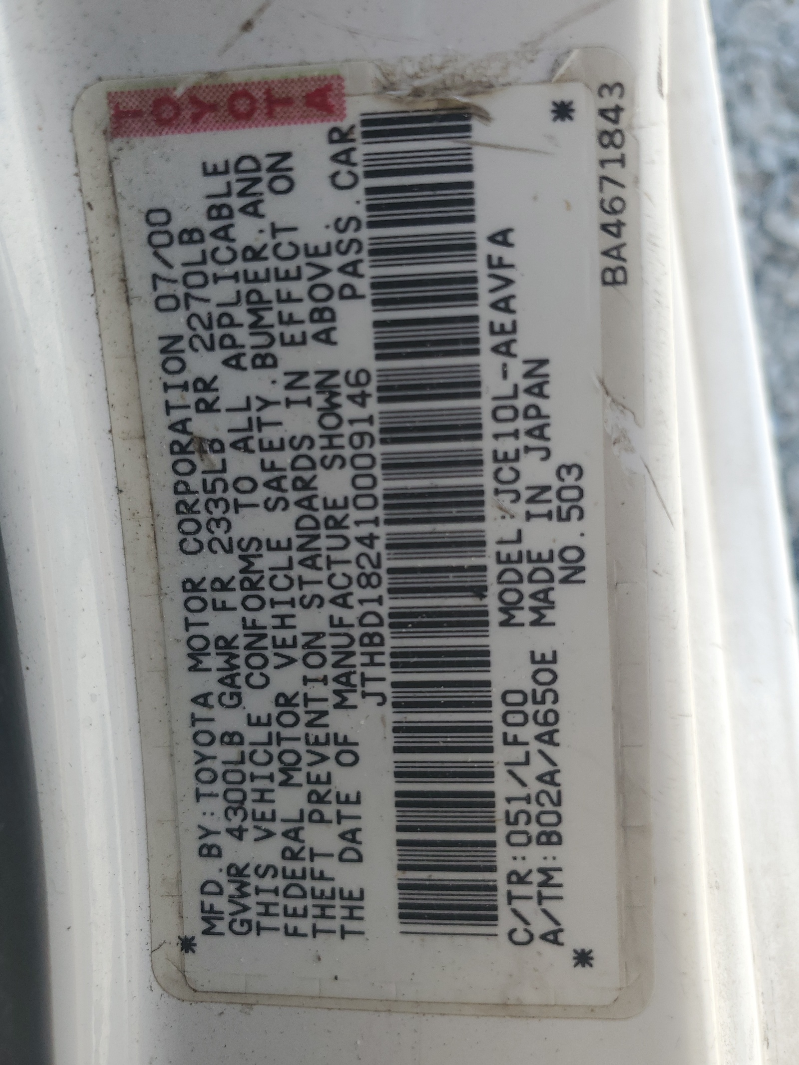 JTHBD182410009146 2001 Lexus Is 300