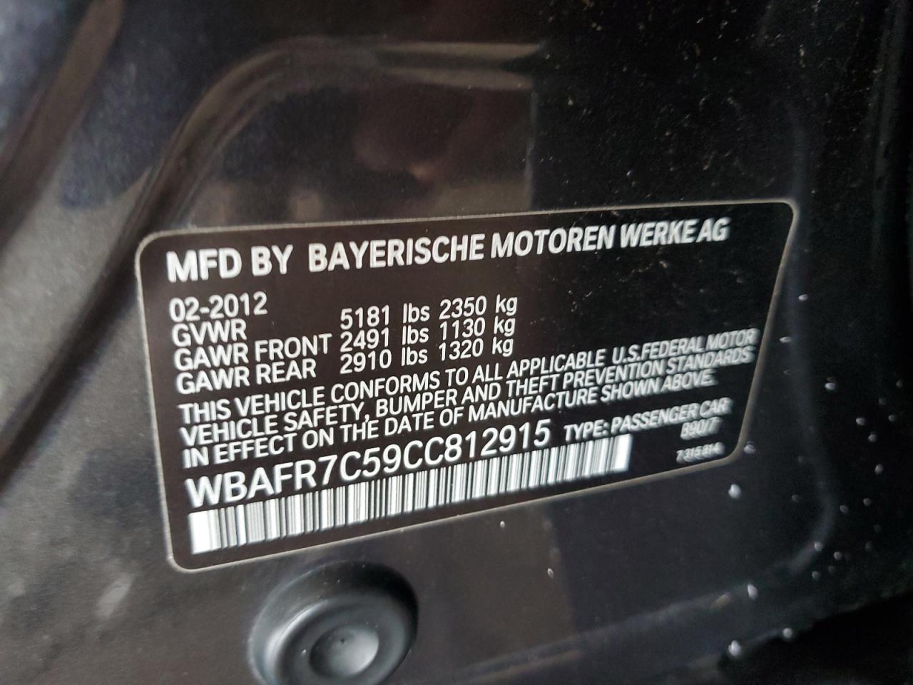 2012 BMW 535 I VIN: WBAFR7C59CC812915 Lot: 65024684