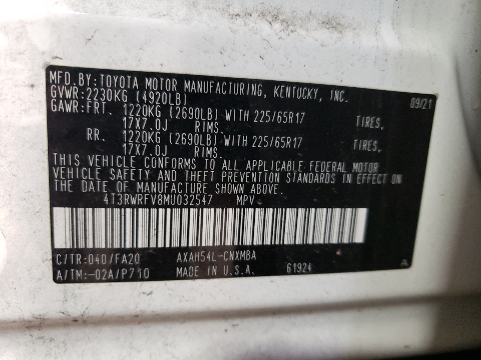 4T3RWRFV8MU032547 2021 Toyota Rav4 Xle