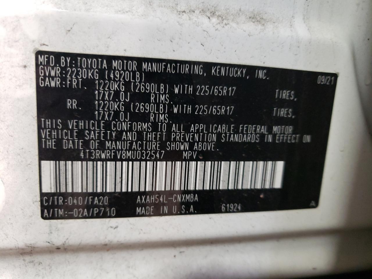 2021 Toyota Rav4 Xle VIN: 4T3RWRFV8MU032547 Lot: 62427924