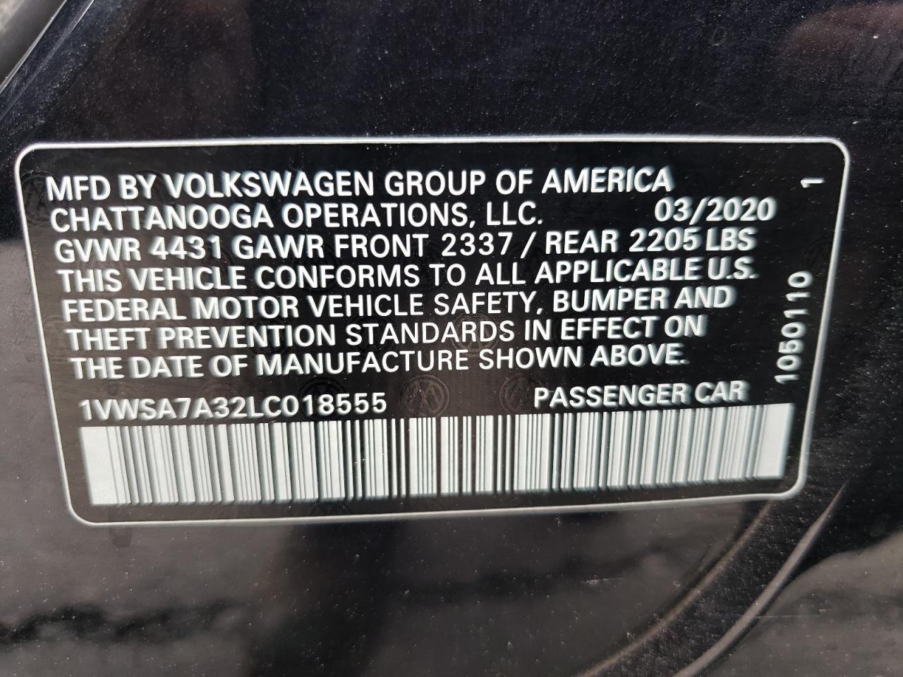 1VWSA7A32LC018555 2020 Volkswagen Passat Se