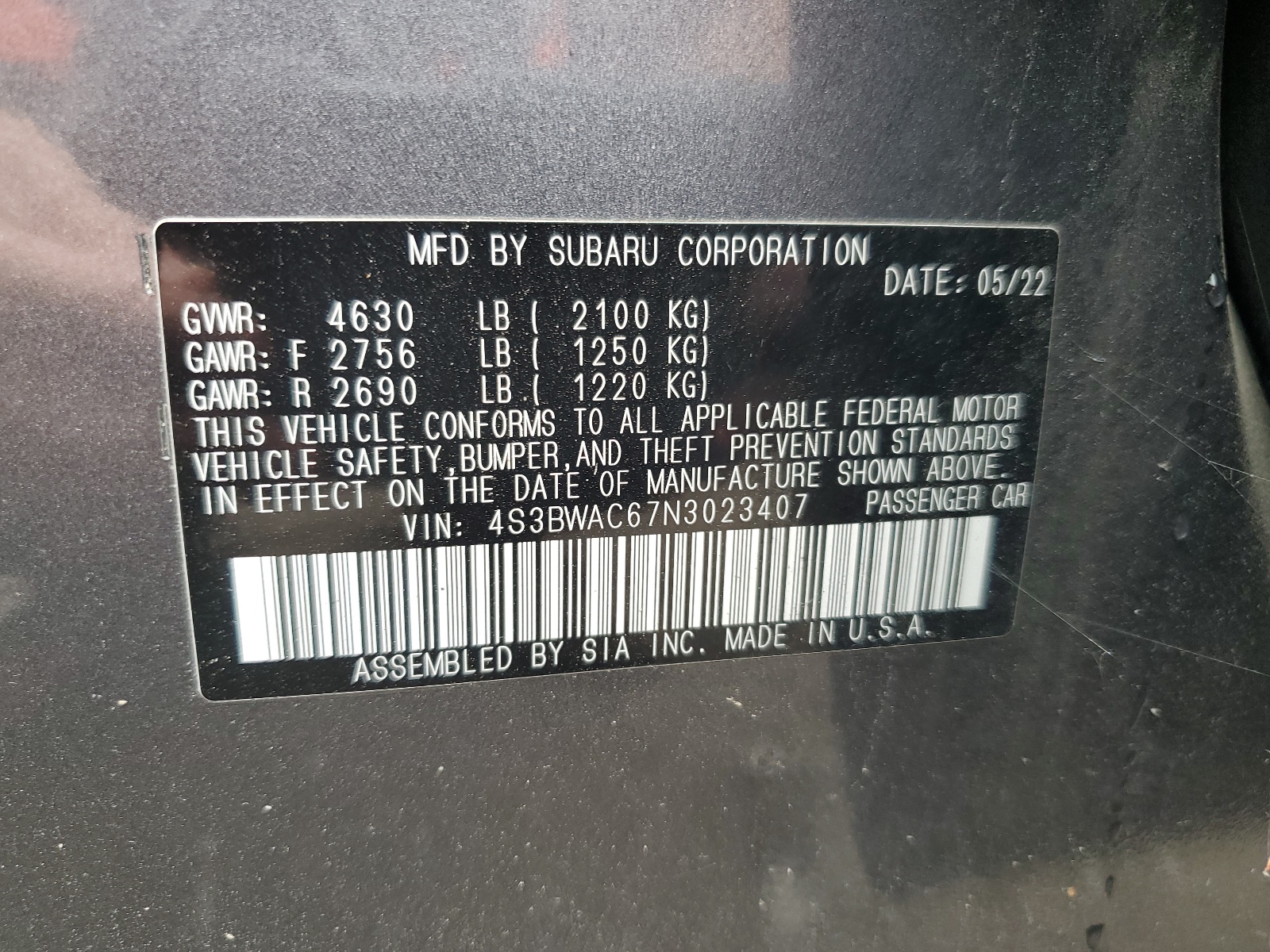 4S3BWAC67N3023407 2022 Subaru Legacy Premium