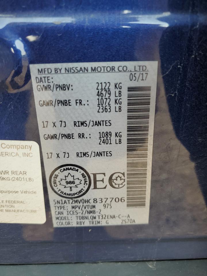 2017 Nissan Rogue Sv VIN: 5N1AT2MV0HC837706 Lot: 65385994