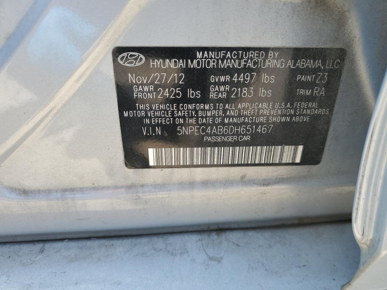 5NPEC4AB6DH651467 2013 Hyundai Sonata Se