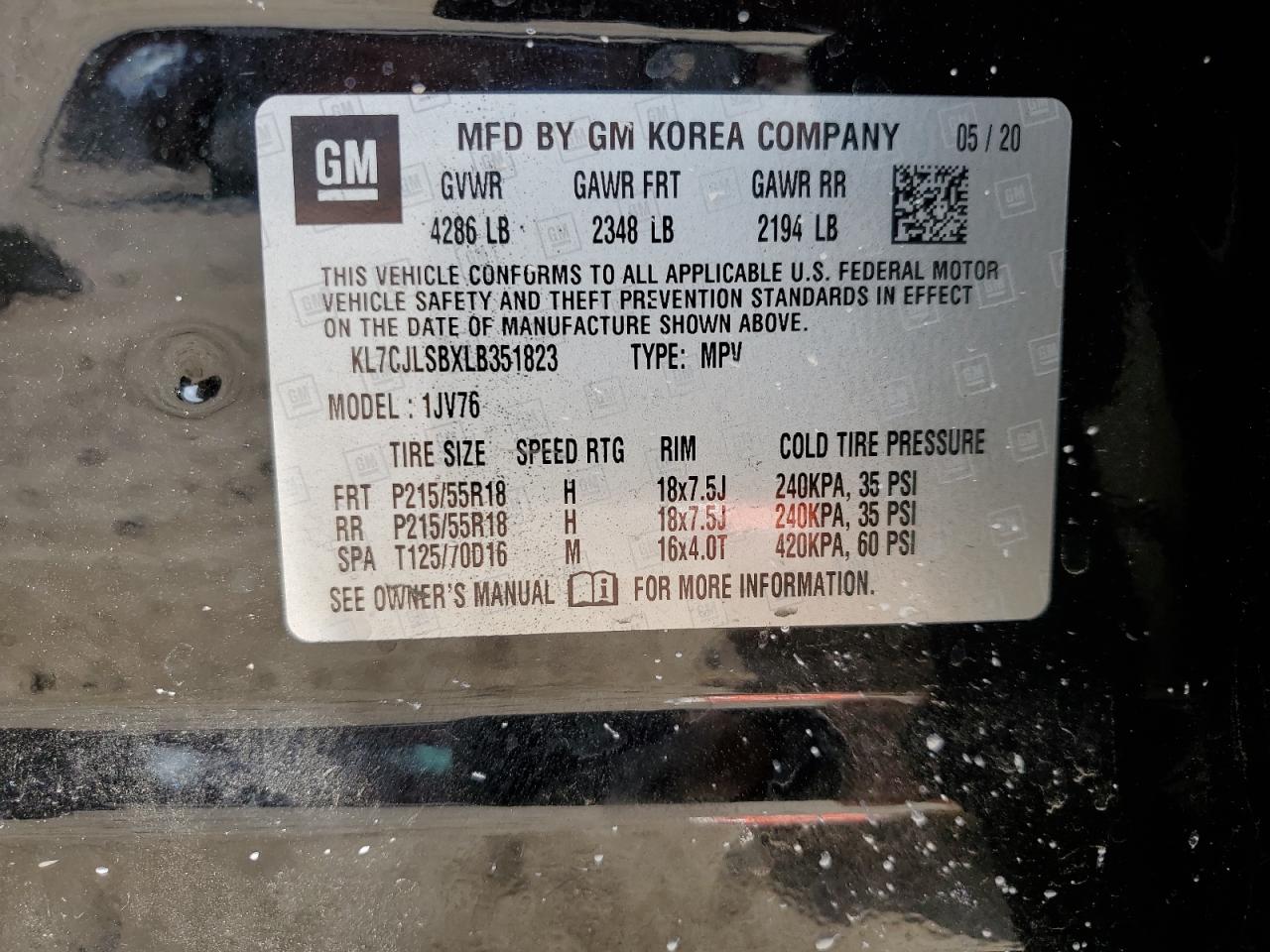 2020 Chevrolet Trax 1Lt VIN: KL7CJLSBXLB351823 Lot: 65272934