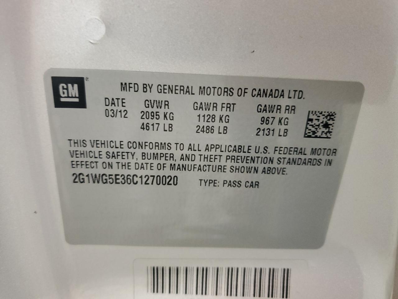 2012 Chevrolet Impala Lt VIN: 2G1WG5E36C1270020 Lot: 61672074