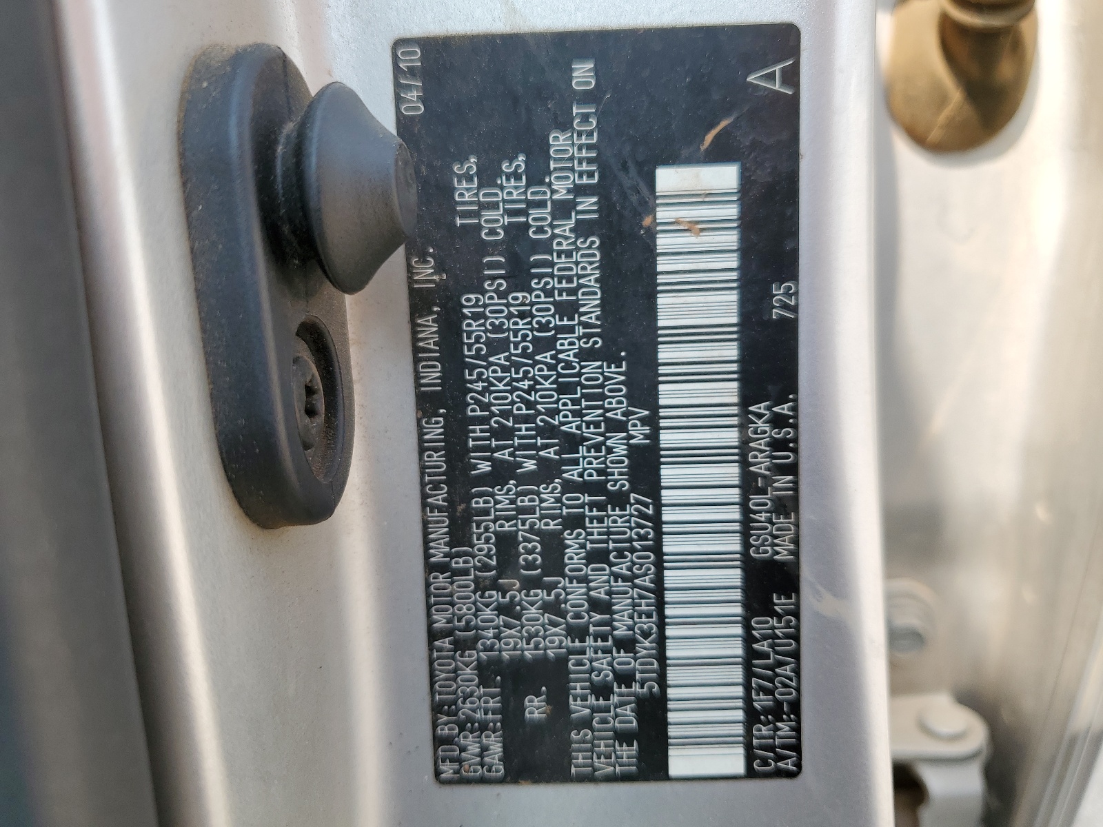 5TDYK3EH7AS013727 2010 Toyota Highlander Limited