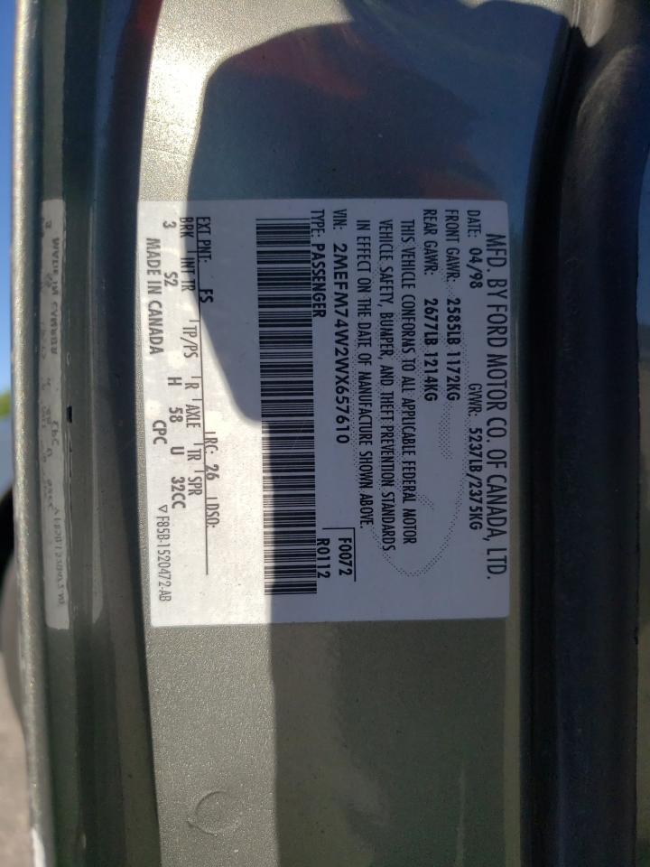 1998 Mercury Grand Marquis Gs VIN: 2MEFM74W2WX657610 Lot: 61030434